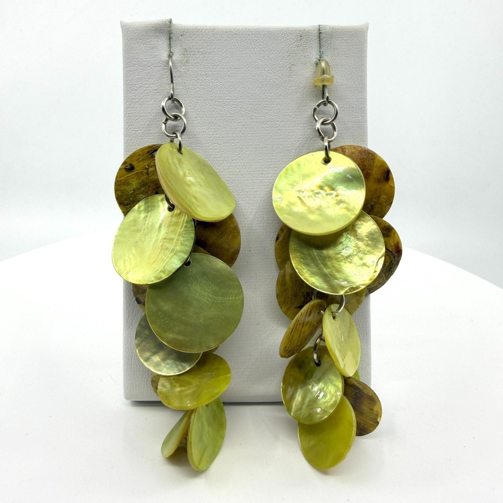 Natural Shell Disc Statement Dangle Earrings Multi-Layered Boho Beach Jewelry - Picture 3 of 13